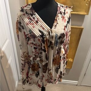 Buffalo by David Bitton Floral V-Neck Pleated Long-Sleeve Blouse - Cream Multi